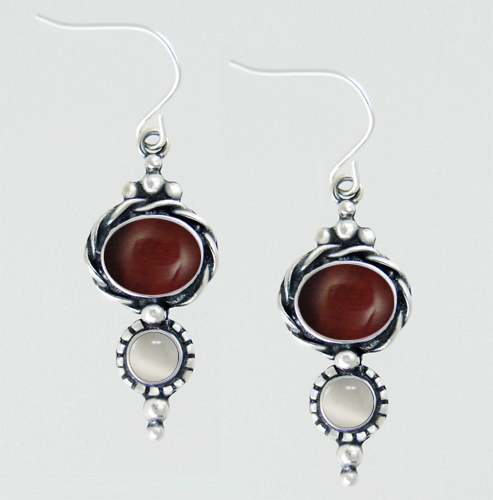 Sterling Silver Drop Dangle Earrings With Red Tiger Eye And White Moonstone